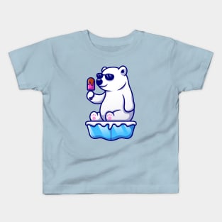 Cute Cool Polar Bear Eating Popsicle On Ice Cartoon Kids T-Shirt